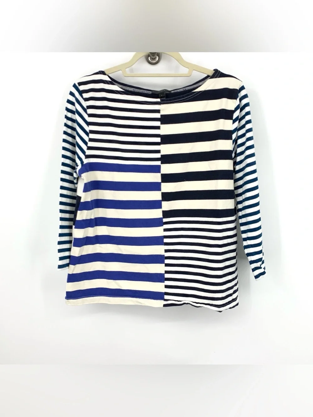 J Crew Women Size Large Shirt Blue White Striped Patchwork 3/4 Sleeve Top Cotton